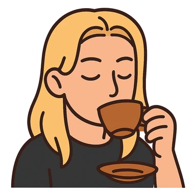 flat toon style emote of a long blonde male sipping tea, no background sticker