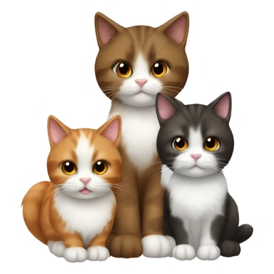 3 cats sitting together, one is brown and fluffy with a white chest, one is orange with a white chin, one is black with a white chin and chest sticker