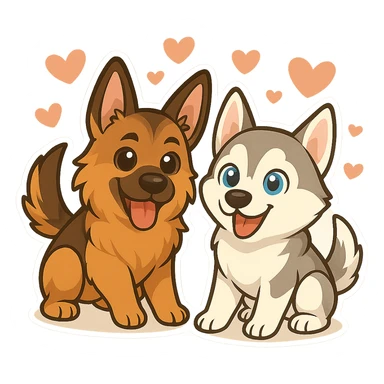 Keep the chibi German Shepherd and Husky dogs with hearts as in the reference image, but make the background translucent (transparent). sticker