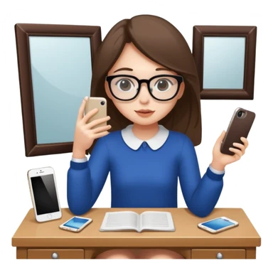 Girl sitting at vanity taking out picture with iphone 15 plus and study materials on the vanity sticker