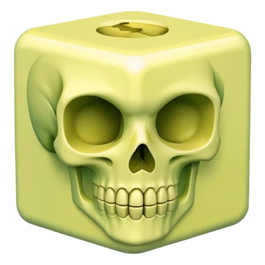 A green cube with a pastel yellow skull on it sticker