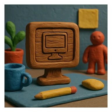 Make the computer monitor icon look more like it is carved from wood, with visible wood grain, natural brown tones, and carved details, in a claymation style. sticker