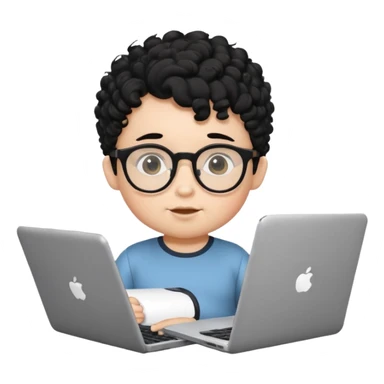A baby boy DEVELOPER WITH A laptop, black curly hair and topknot, wearing glasses sticker