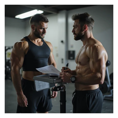 hyperrealistic 4K scene of athlete weighing on scale, coach noting data on monitoring sheet, gym environment, detailed sticker