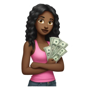 Black girl with long black hair and pink tank top on holding lots of money  sticker