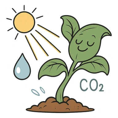 cartoon-style whole plant absorbing sunlight, with subtle hints of water and CO2, transparent background sticker