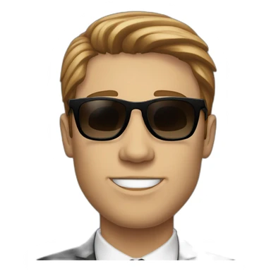 white guy in black suit with brown hair and black non-shinethrough sunglasses sticker