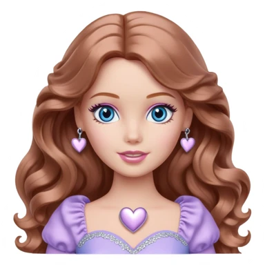 Barbie girl Chestnut long wavy hair and blue eyes is In pale purple clothes There are silver hearts all around sticker