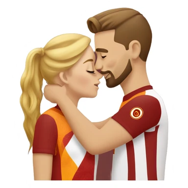 A blonde woman with a brown-haired man who has a goatee and shaved sides are kissing each other while wearing Galatasaray jerseys. sticker