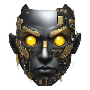 black metal male cyborg head with artificial eyeball, circuitry and dreaded yellow gold hair sticker