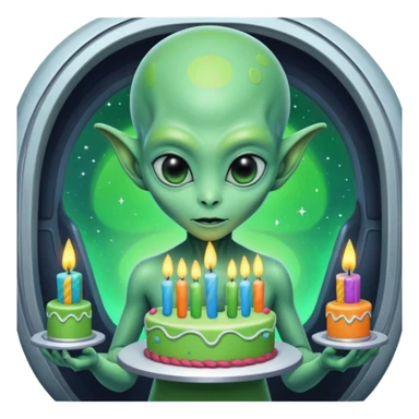 A detailed alien holding a colorful birthday cake with lit candles, standing inside a futuristic spaceship, cinematic lighting, ultra realistic textures, high resolution, dramatic shadows, sci-fi atmosphere
 sticker