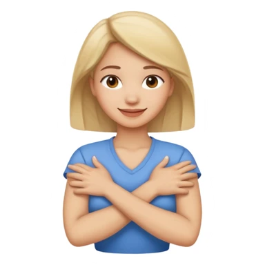 Smiling woman with crossed arms holding neck sticker