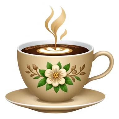 Cinematic Realistic sophisticated cup filled with khaki coffee with flower ornament sticker