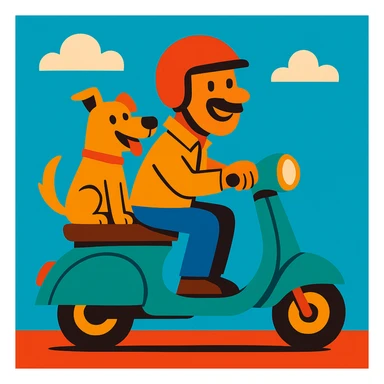 man and his pet dog riding a vespa sticker