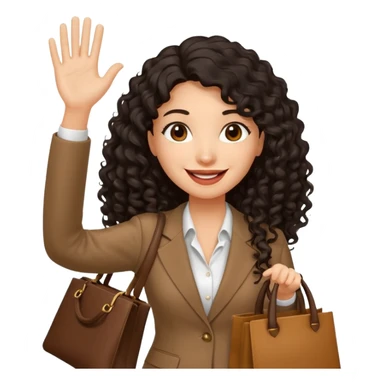 medium deep tan brown business woman with long black curly hair, waving hand with happy face with smile mouth and carrying bag on her shoulder sticker