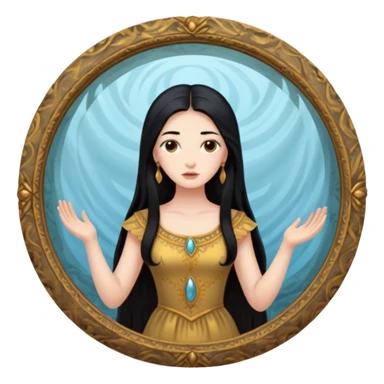 Woman facing ancient mirror, reflection slightly delayed and darker sticker