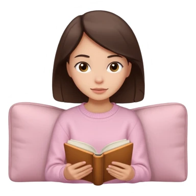Pretty brown eyed brunette girl with light pink sweater reading cozy sticker