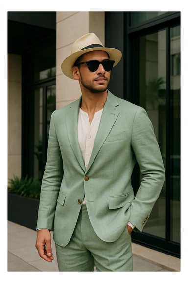 fashionable man in light green linen suit, with sunglasses and straw hat, standing confidently sticker