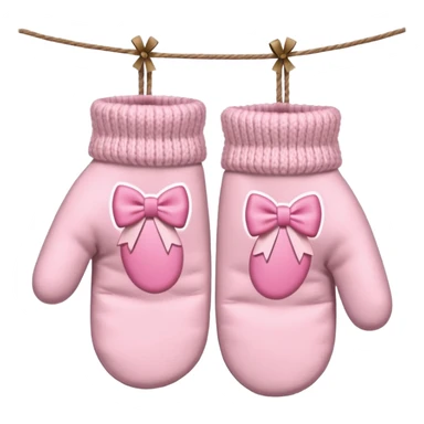 pastel pink pair of mittens connected by string and a bow sticker