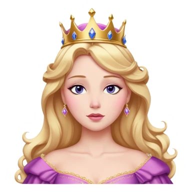 Cinematic Realistic Sleeping Beauty (Aurora) Portrait, with porcelain-like skin featuring a natural rosy flush, illuminated by soft lighting that highlights the gentle contours of her face. Her golden blonde hair flows in soft, detailed waves with subtle highlights that shimmer in the light. Her deep violet-blue eyes radiate warmth and innocence, framed by arched brows and long lashes. Her serene expression exudes quiet elegance. She is dressed in her classic pink gown, the fabric rich in texture with delicate folds that catch the light. A golden crown rests atop her head, gleaming with royal refinement. The portrait captures a soft, glowing aura, blending realism with an ethereal sense of beauty and timeless enchantment. sticker