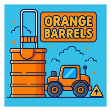 Add a sign next to the orange road construction barrel that says 'Orange Barrels' in a playful cartoon font. Keep the bright, fun background. sticker