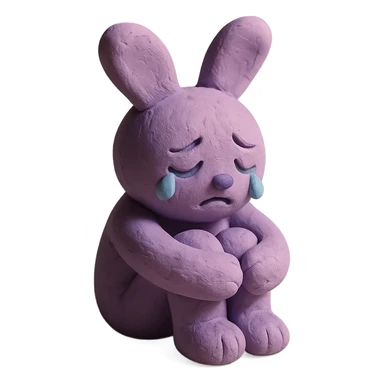lilac bunny hugging knees while crying, soft emotional expression, matte plasticine claymation style with visible fingerprints sticker