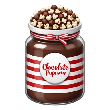 Chocolate popcorn in a jar with red and white lines sticker