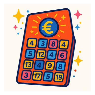 whimsical cute lottery ticket illustration, random number boxes, glowing euro symbol, sparkles, bright cartoonish lucky feel, no text or logos, white background sticker