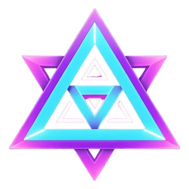 futuristic minimalistic logo icon, glowing triangle formed by three merging neon energy streams representing Storm, Atom, and NoizeGames, neon purple (#8B5CF6) and cyan (#00E0FF), dark background, unity and harmony design, no face, 1:1 aspect ratio sticker