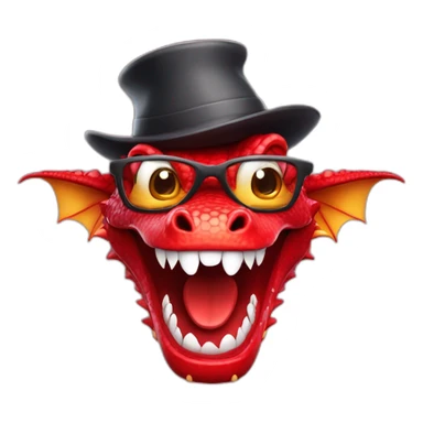 Crazy funny red dragon head with human white teeth and beautiful smile wearing glasses and hat sticker
