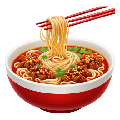 Chengdu Dan Dan Noodles with minced pork and chili oil, simplified emoji style with bold outlines and bright colors, cartoon style Sichuan street food in bowl sticker
