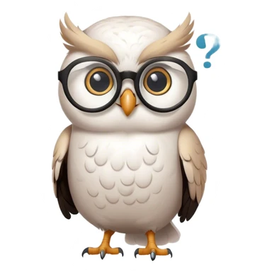 Small white elegant owl with glasses on looking at a puffy black question mark in a white thought bubble sticker