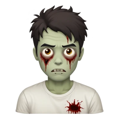 make an emoji of a dark haired guy with a messy head with thick eyebrows, brown eyes, zombie in white tee sticker