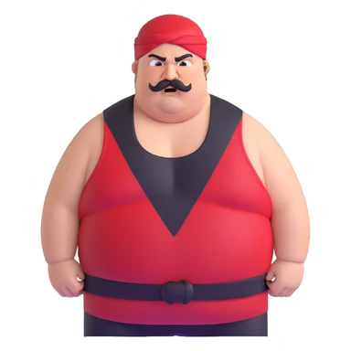 Close-up of morbidly obese white skin guy with young face, prominent BLACK DURAG tied clearly on head, distinct black beard and mustache, no muscle, black eyes in a red and black wrestling singlet with angry face sticker