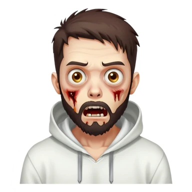 zombie with shocked expression, undercut hairstyle with dark brown hair, short full beard, wearing plain white hoodie sticker