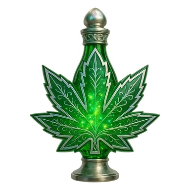 prabangus eliksyro buteliukas, kanapės lapo forma arba su kanapės motyvais, ryškiai žalia spalva, sidabrinės ir holografinės detalės, maksimaliai daug magiškų efektų, labai mažas kaklelis, vientisas dugnas, skaidrus fonas, buteliukas plūduriuoja ore, be pagrindo ar šešėlio, modernus, kolekcijai tinkamas sticker