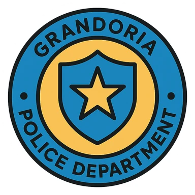round police department logo with 'GRANDORİA POLİCE DEPARTMENT' text, star or shield, blue and gold color scheme, formal and authoritative style, detailed lineal color icon style sticker