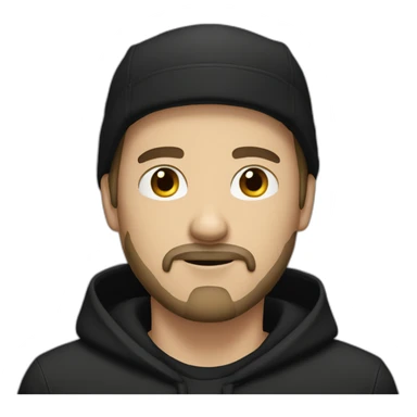 White man with goatee beard, black cap and black hood sticker