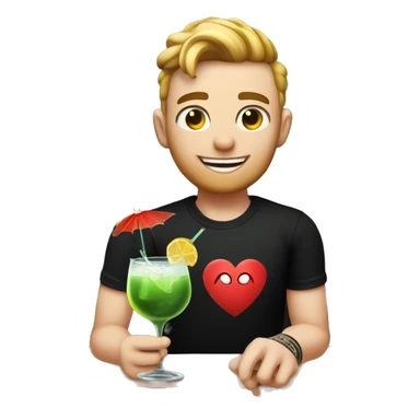 young bartender with pale white skin and tattoo on left the hand. he is wearing black t-shirt which has teeth-smile print in heart area. he is holding cocktail. sticker
