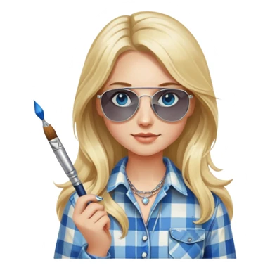 girl with long blond hair, wearing plaid shirt with blue eyes and aviator sunglasses wearing a ring on her silver necklace, holding a paintbrush sticker