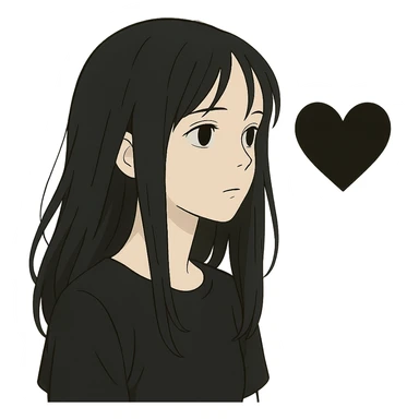 ghibli style pale girl with long black hair and a black heart sticker