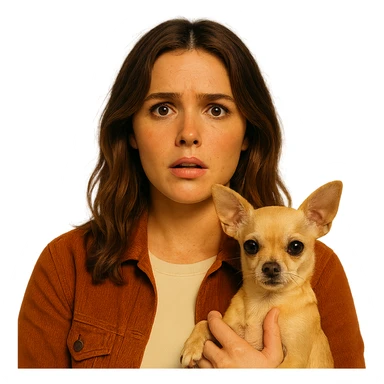 Portrait centered for Instagram profile picture inspired by the facial features visible in the reference images, with a tanned complexion, subtle freckles, shirt color #FFF8CA, rust-colored jacket, medium-length brown hair with auburn highlights, expression confused and surprised, holding a beige-brown chihuahua, Netflix series style, transparent background, intimate Tenerife ambiance. sticker