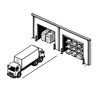 isometric view of an industrial warehouse with loading bay doors, a few parked trucks, and storage shelves visible through open doors sticker