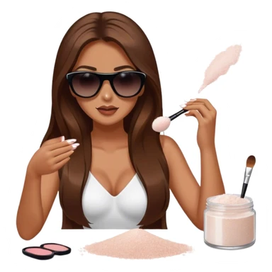 woman with long brown hair and sunglasses sprinkling salt that is falling from her hand onto some makeup that is on a table sticker