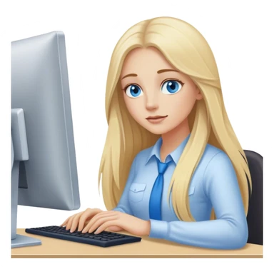 Cinematic realistic blonde with long hair, blue eyes is working at a computer sticker