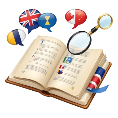 An icon featuring an open book, a pen, and speech bubbles, symbolizing philology and linguistics. The design includes alphabet letters, a magnifying glass, and flags of different countries, representing global languages and communication. Transparent background highlights language study. sticker