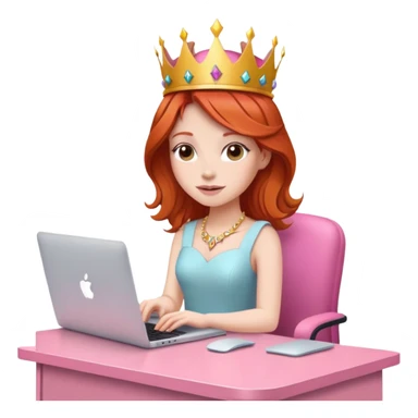 Redhead with crown on her head sat at the desk with MacBook and pink desk chair  sticker