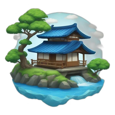 An island with a small Japanese house with a blue tiled roof and a blue torii gate sticker