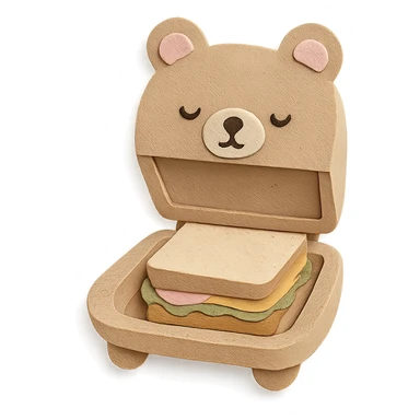 creamy brown sandwich maker bear, opening with a cute sandwich inside, soft pastel, full-body sticker
