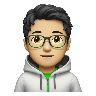 young boy with korean style black hair / grey hoody / white glasses / white glasses / green eyes sticker